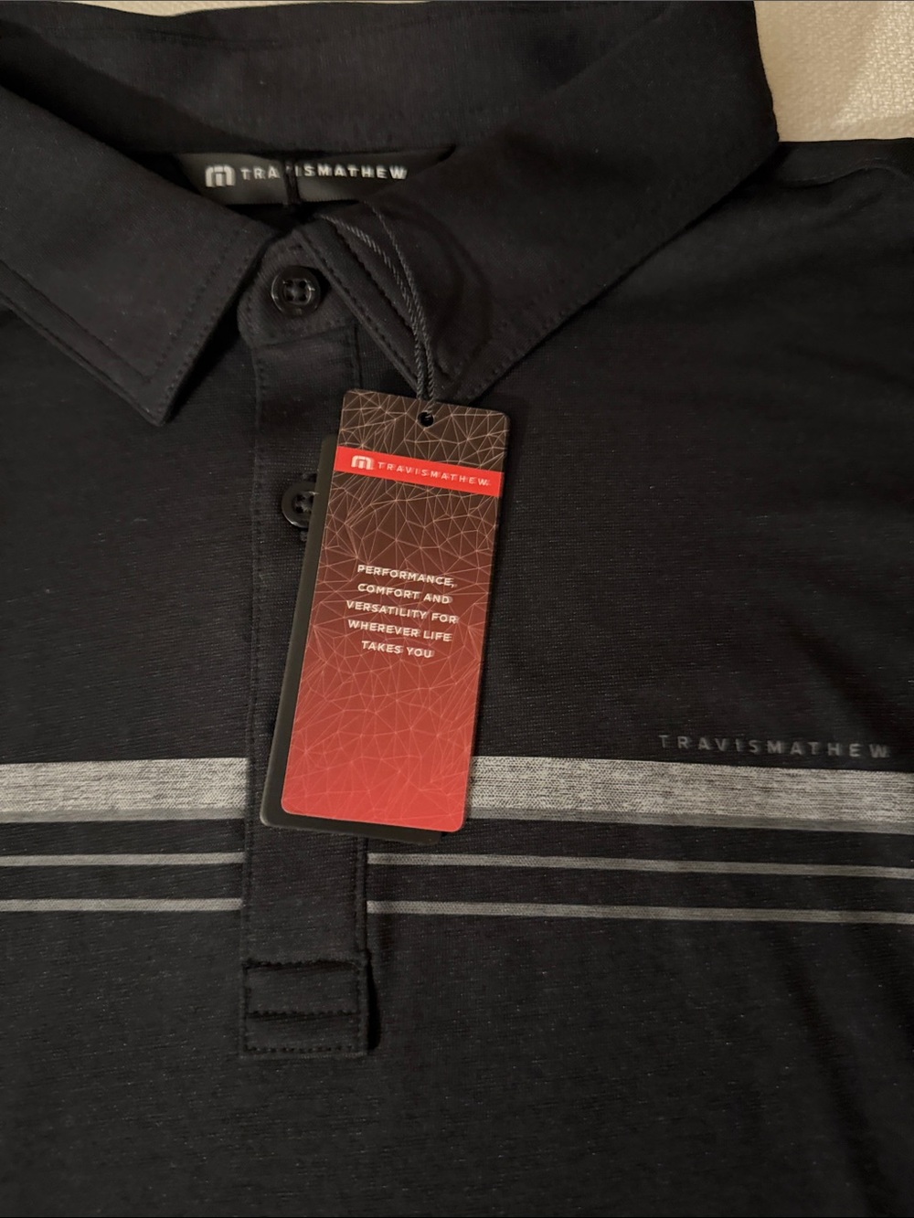 NWT Travis Mathew Black Polo with Gray Chest Stripes - Picture 2 of 2